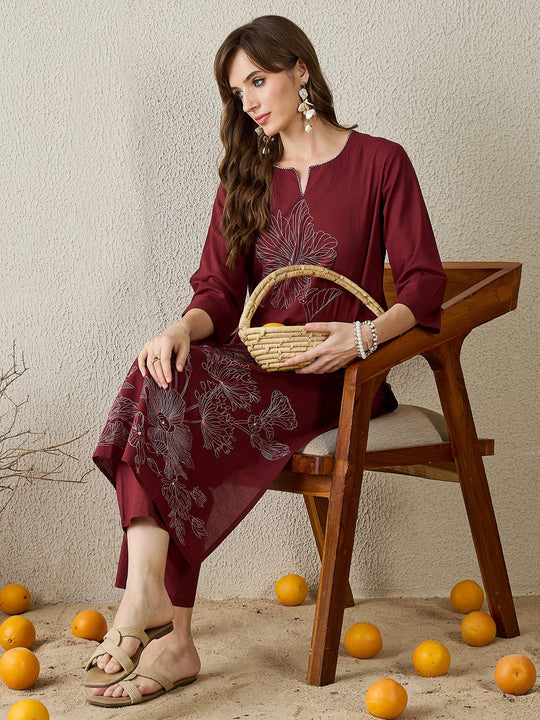 Burgundy Embroidered Pure Cotton Straight Kurta Trousers Set