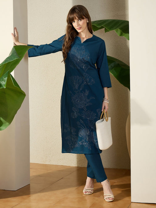 Blue Embroidered Pure Cotton Straight Kurta Trousers Set