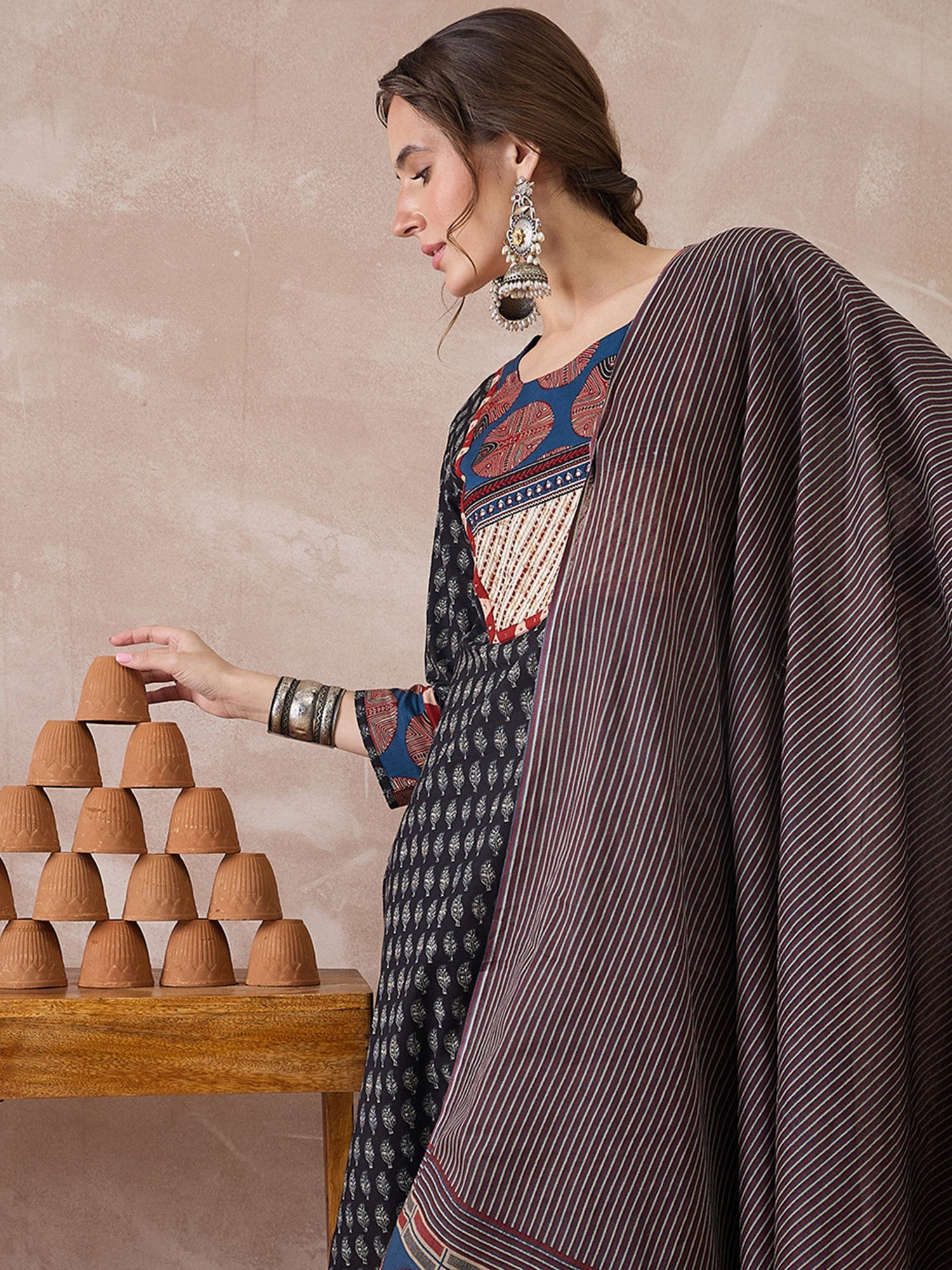 Indo Era Black Printed Straight Kurta Trousers With Dupatta set