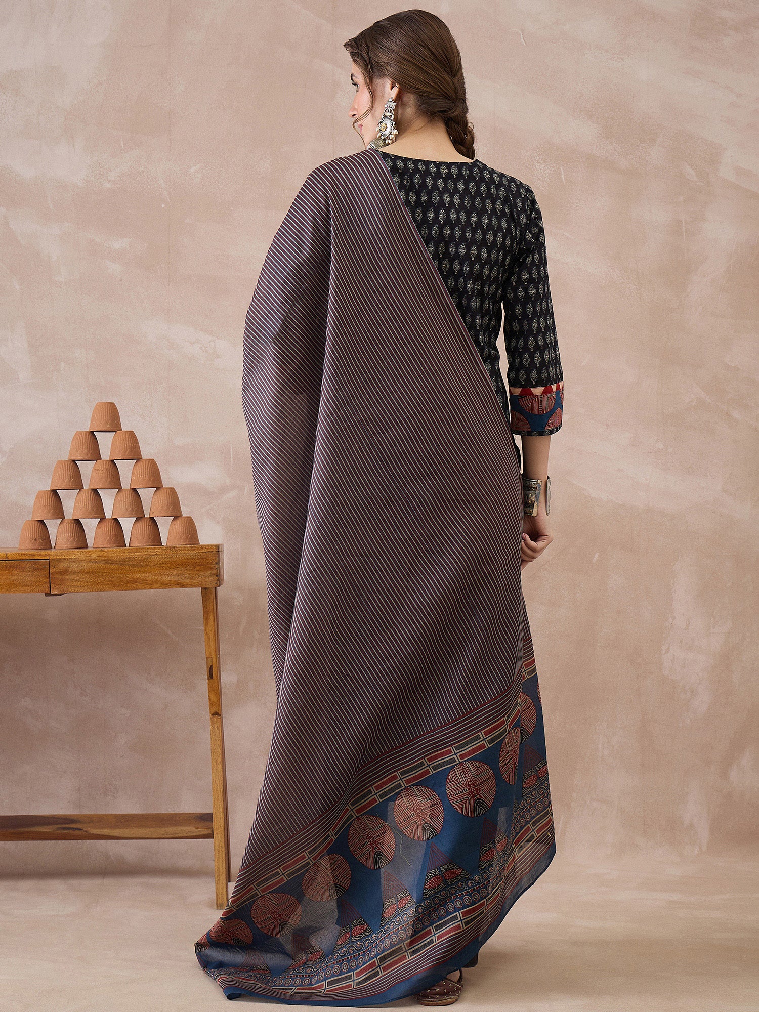 Indo Era Black Printed Straight Kurta Trousers With Dupatta set