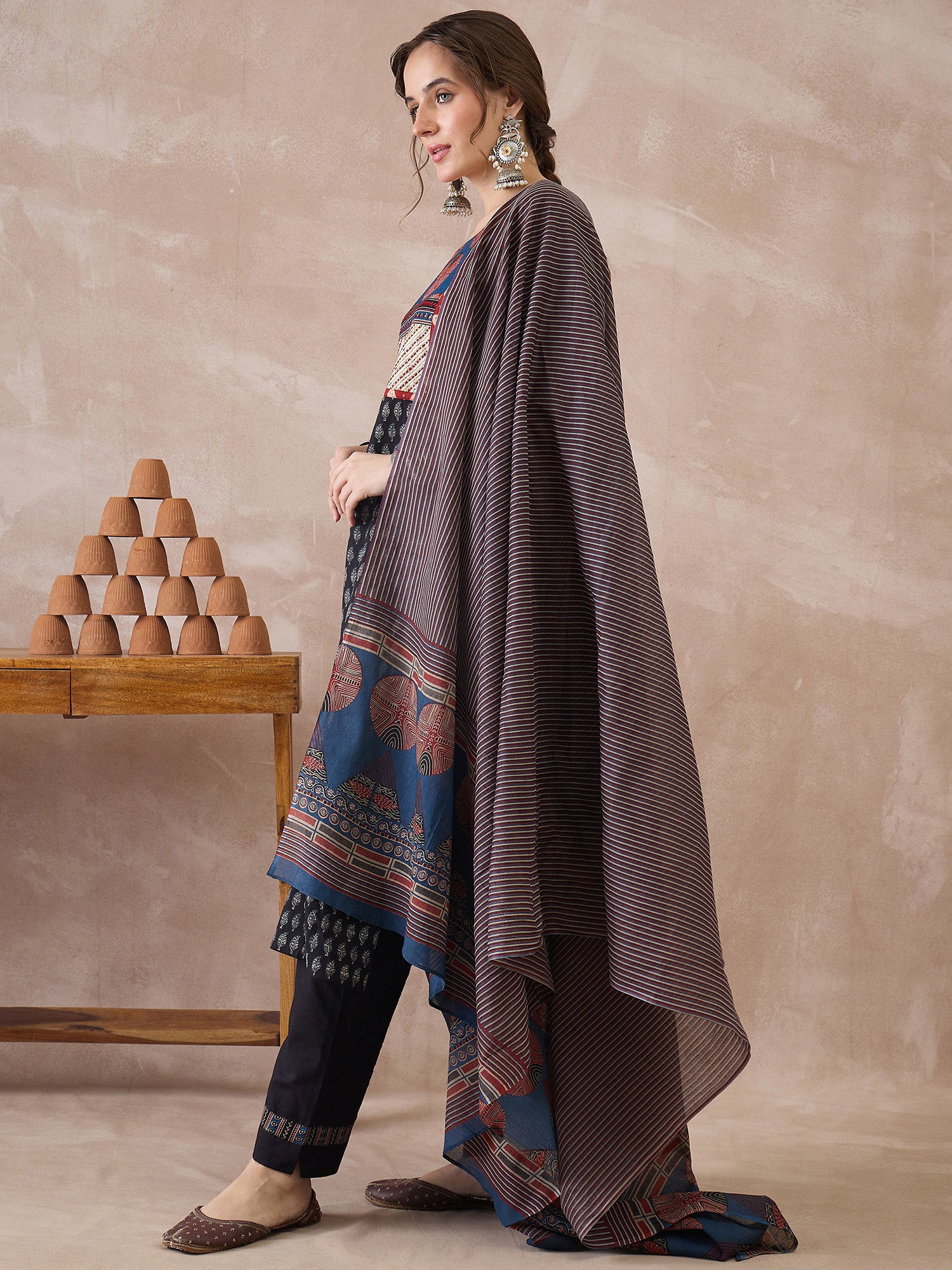 Indo Era Black Printed Straight Kurta Trousers With Dupatta set