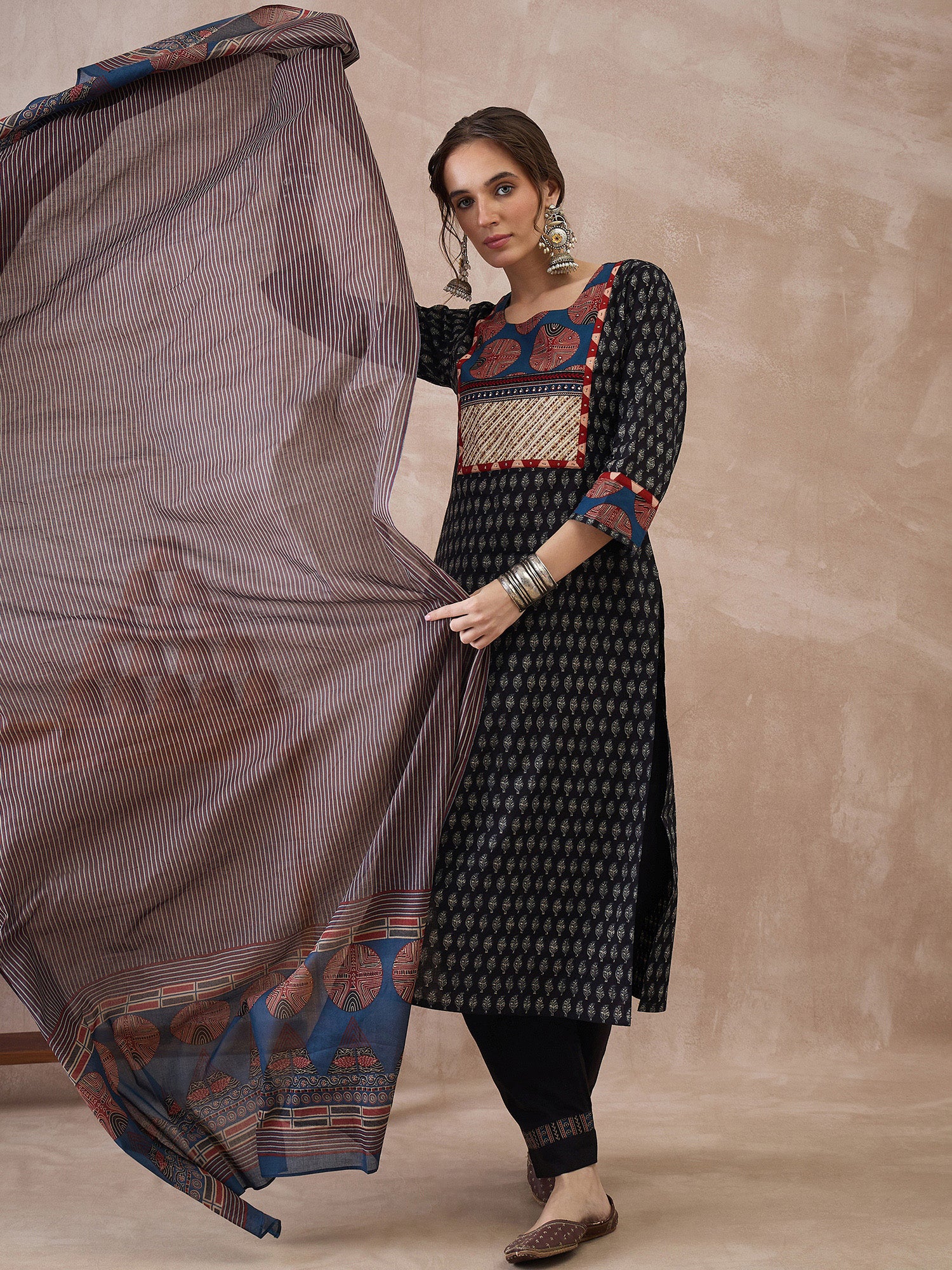 Indo Era Black Printed Straight Kurta Trousers With Dupatta set