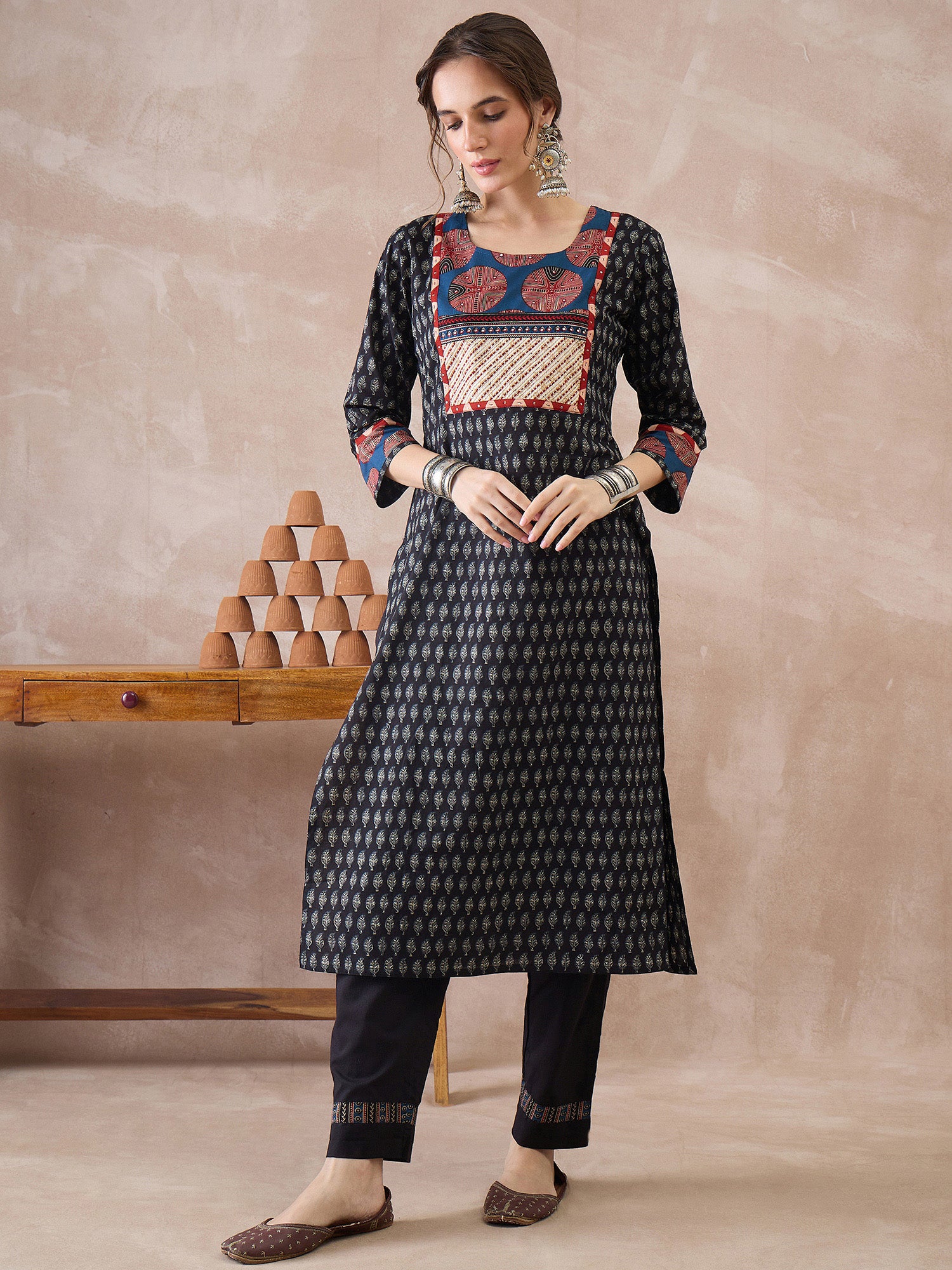 Indo Era Black Printed Straight Kurta Trousers With Dupatta set