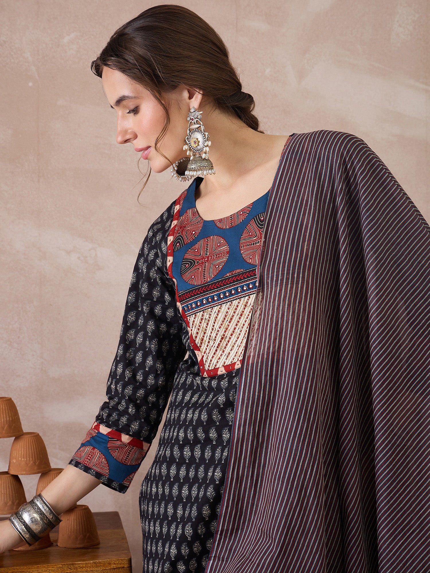 Indo Era Black Printed Straight Kurta Trousers With Dupatta set