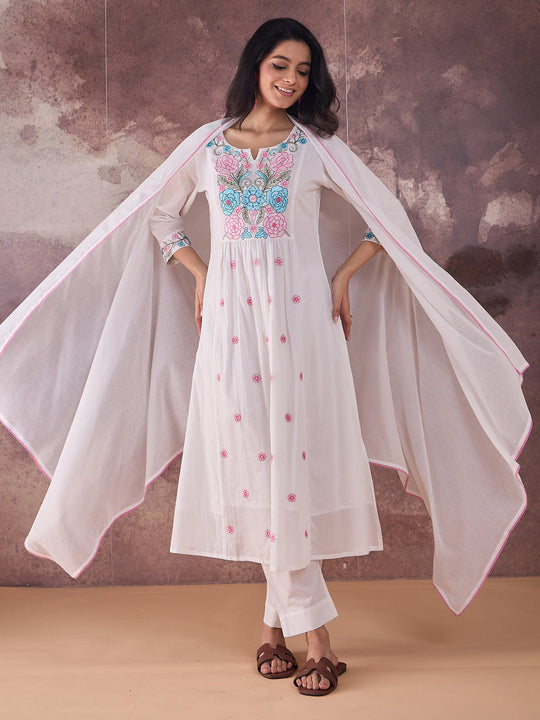 Indo Era Off White Embroidered A-Line Kurta Trousers With Dupatta set