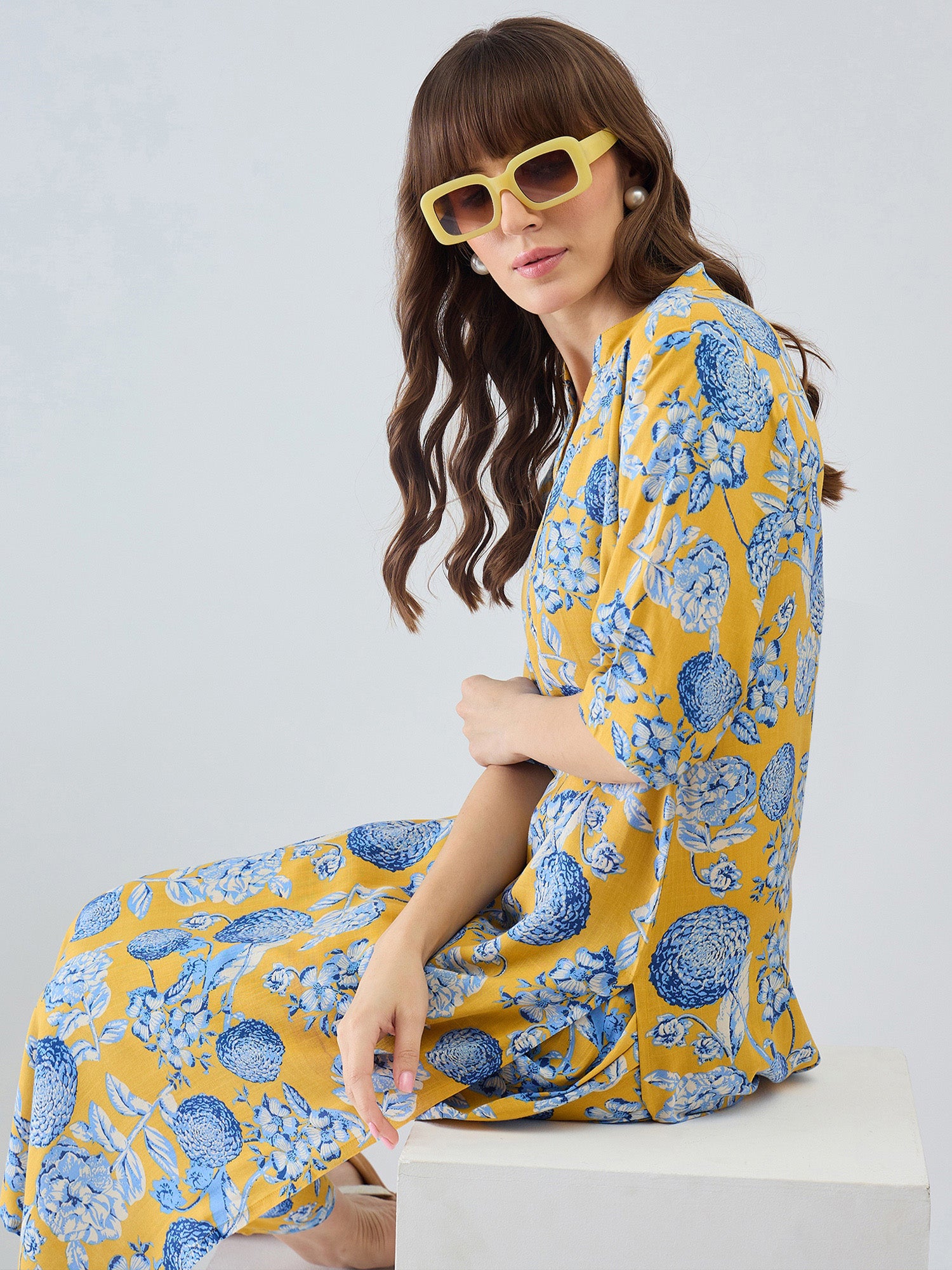 Indo Era Yellow Printed Straight Kurta Trousers Set