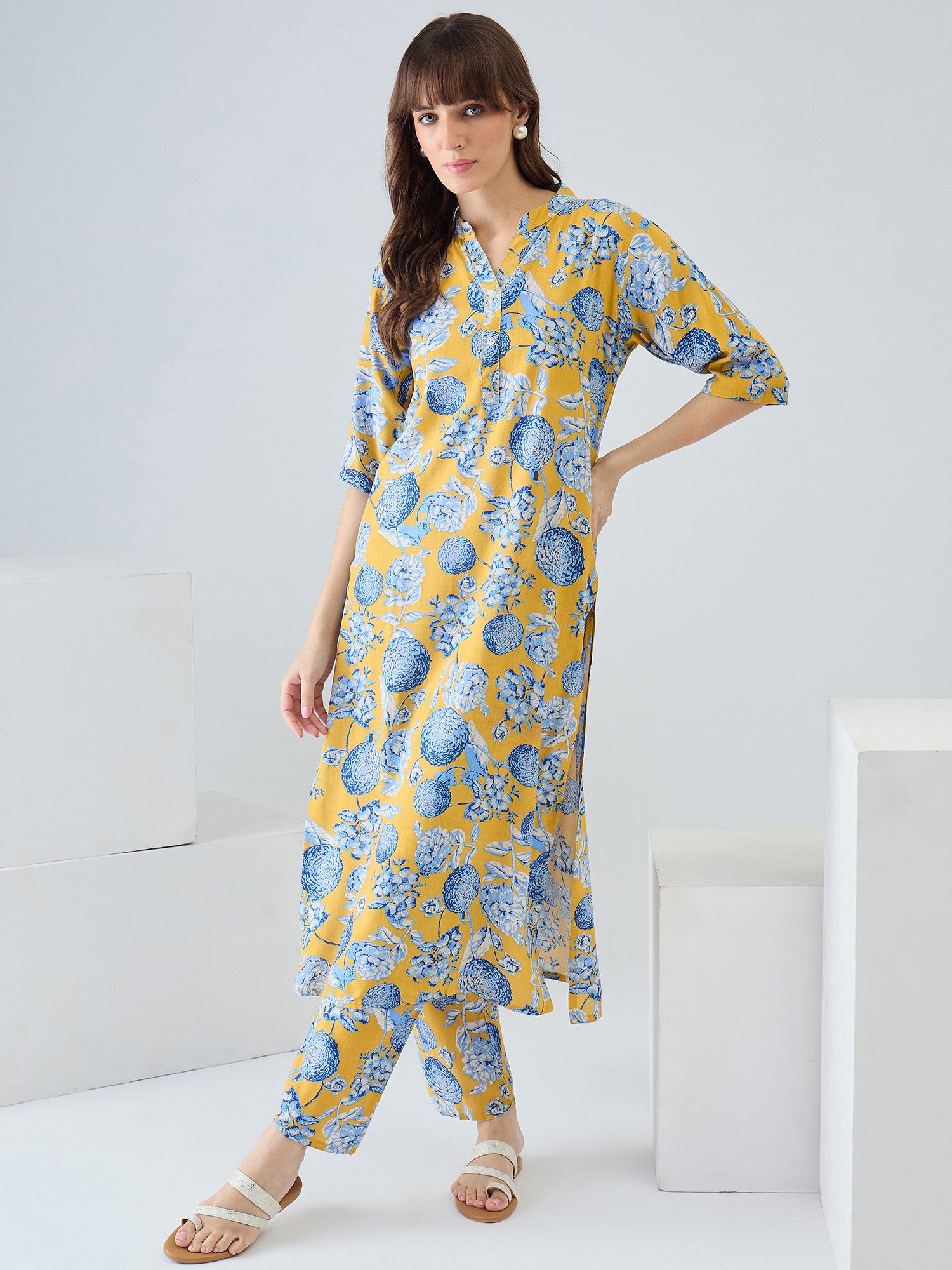 Indo Era Yellow Printed Straight Kurta Trousers Set