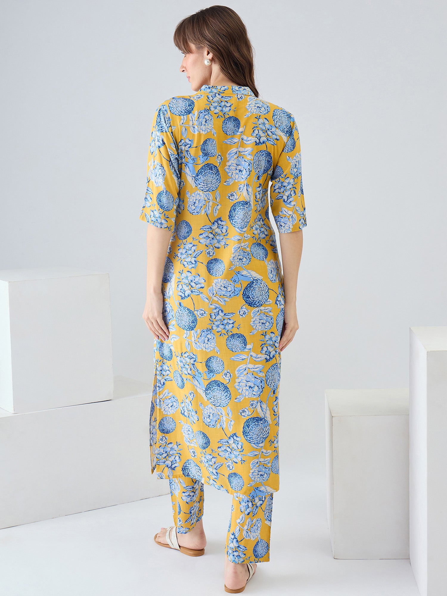 Indo Era Yellow Printed Straight Kurta Trousers Set