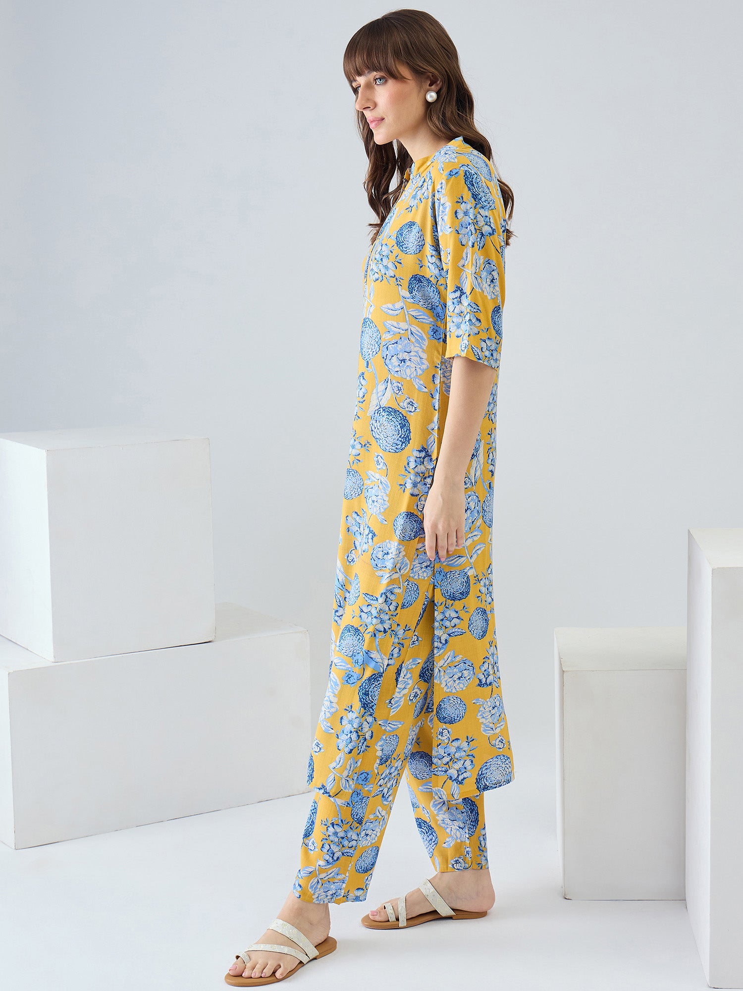 Indo Era Yellow Printed Straight Kurta Trousers Set