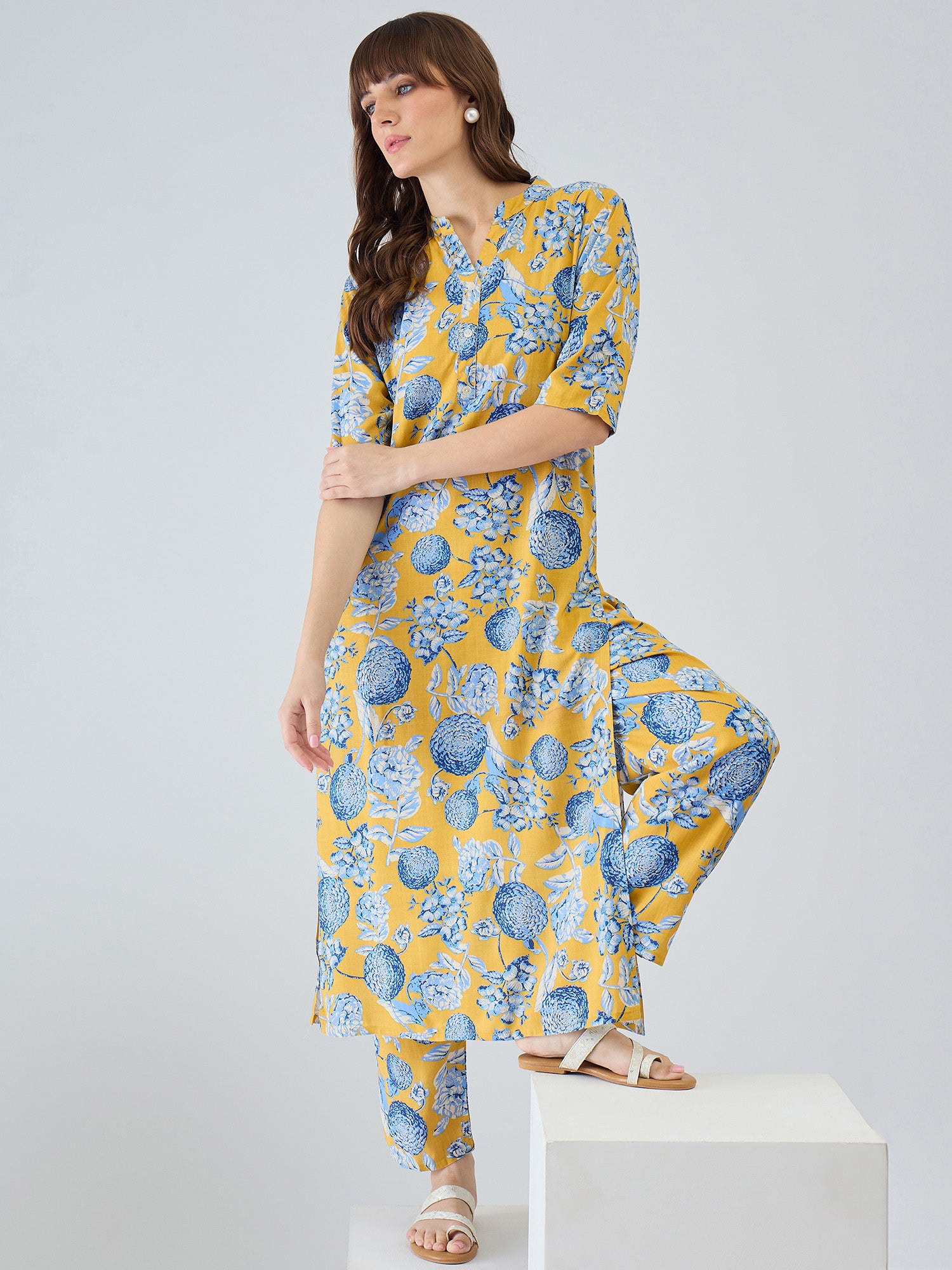 Indo Era Yellow Printed Straight Kurta Trousers Set