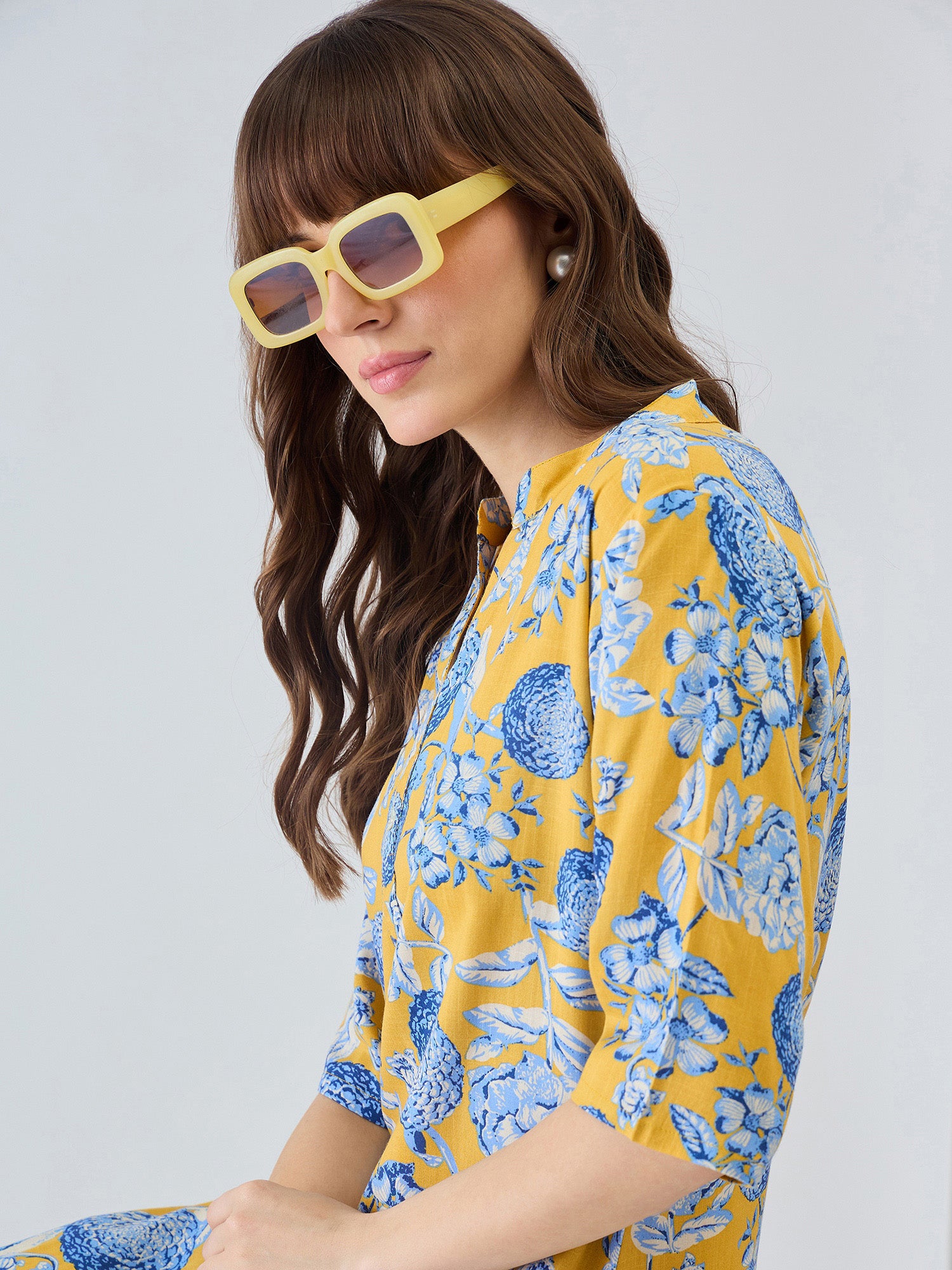 Indo Era Yellow Printed Straight Kurta Trousers Set