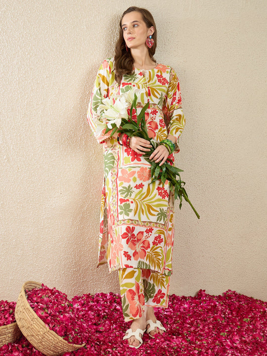 Indo Era Off White Printed Straight Kurta Trousers Set