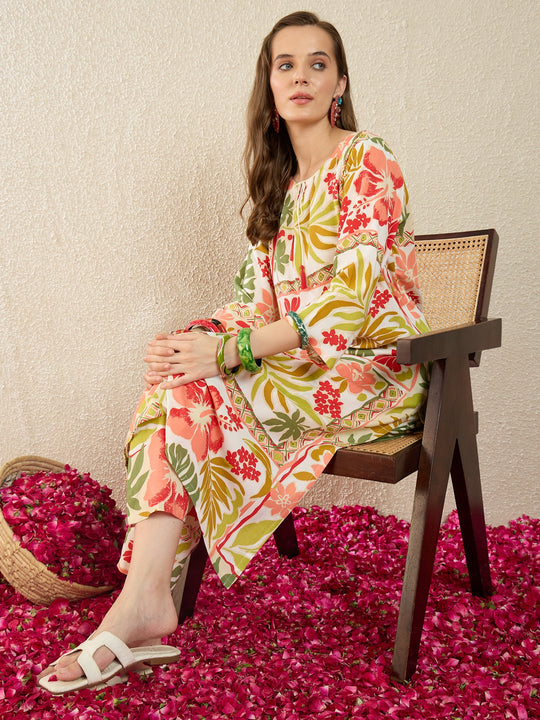 Indo Era Off White Printed Straight Kurta Trousers Set