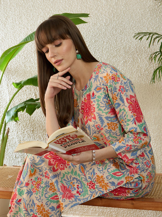 Indo Era Off White Printed Straight Kurta Trousers Set