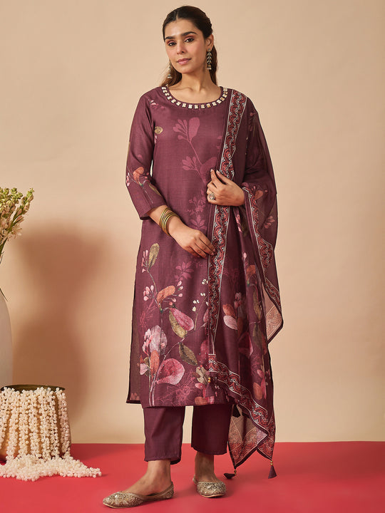 Indo Era Burgundy Printed Straight Kurta Trousers With Dupatta set
