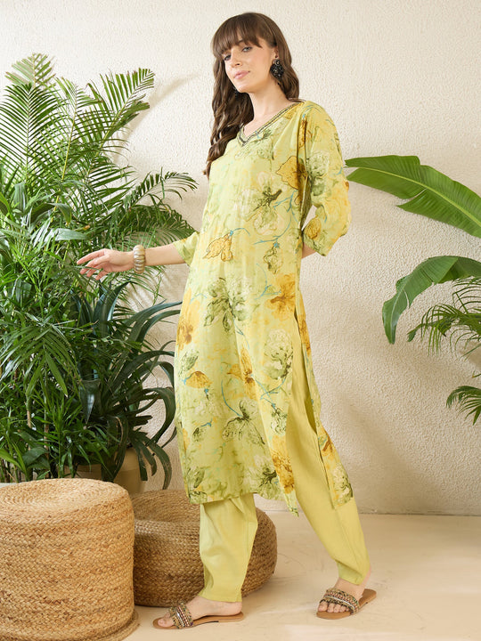 Indo Era Green Embroidered Straight Kurta Trousers Set