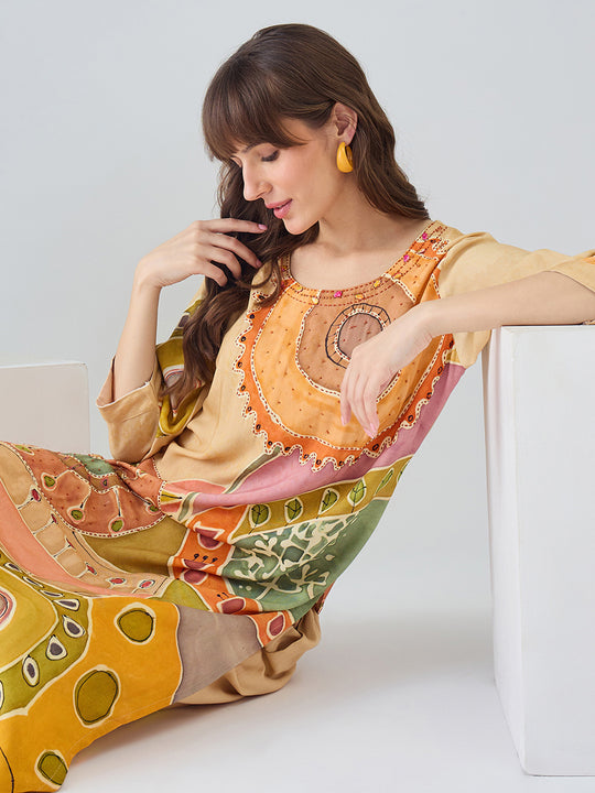 Indo Era Beige Printed Straight Kurta Trousers Set