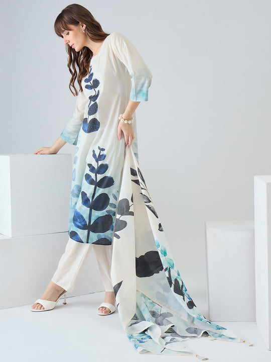 Indo Era Off White Printed Straight Kurta Trousers With Dupatta set