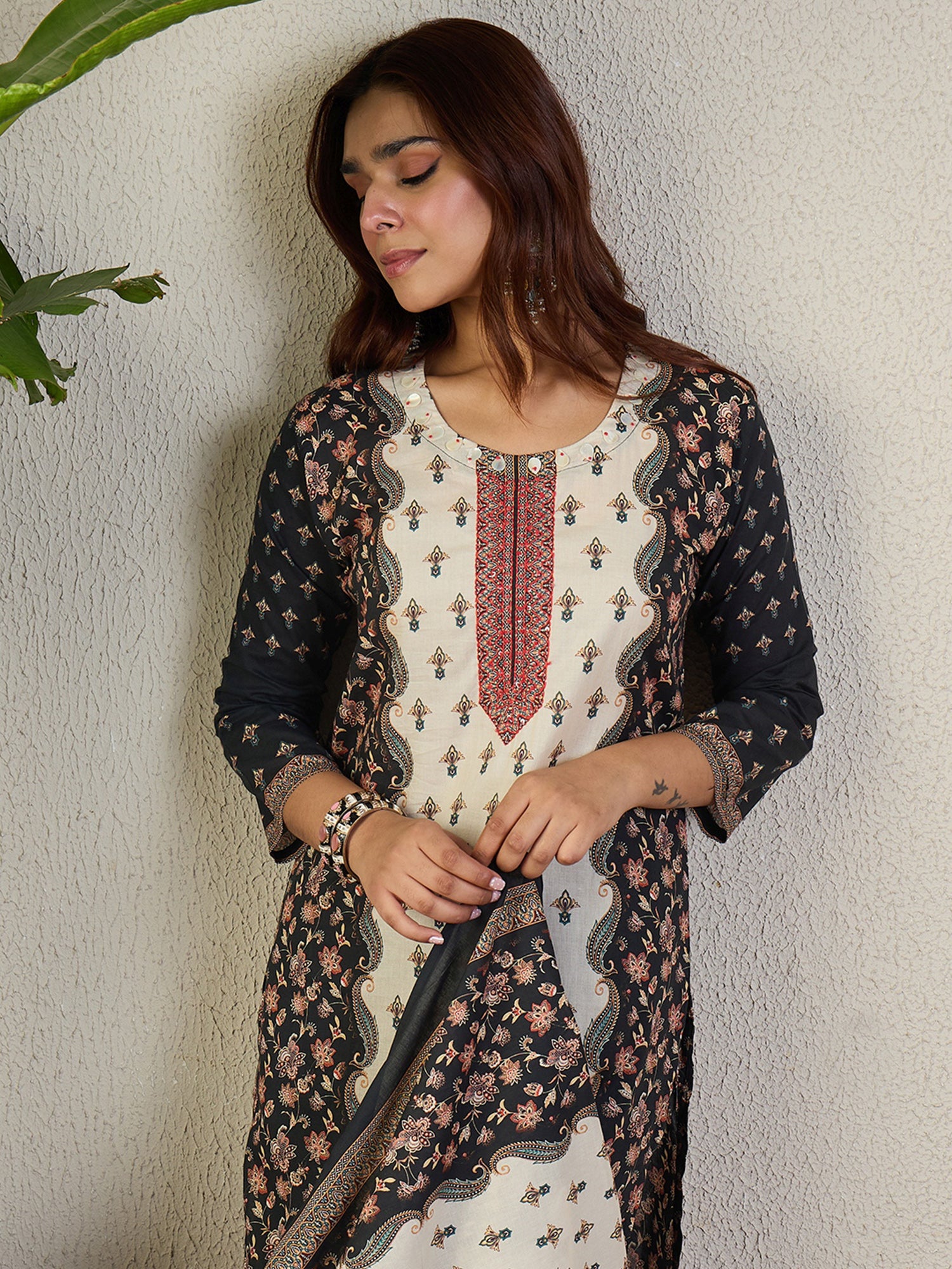 Indo Era Black Printed Straight Kurta Trousers With Dupatta set