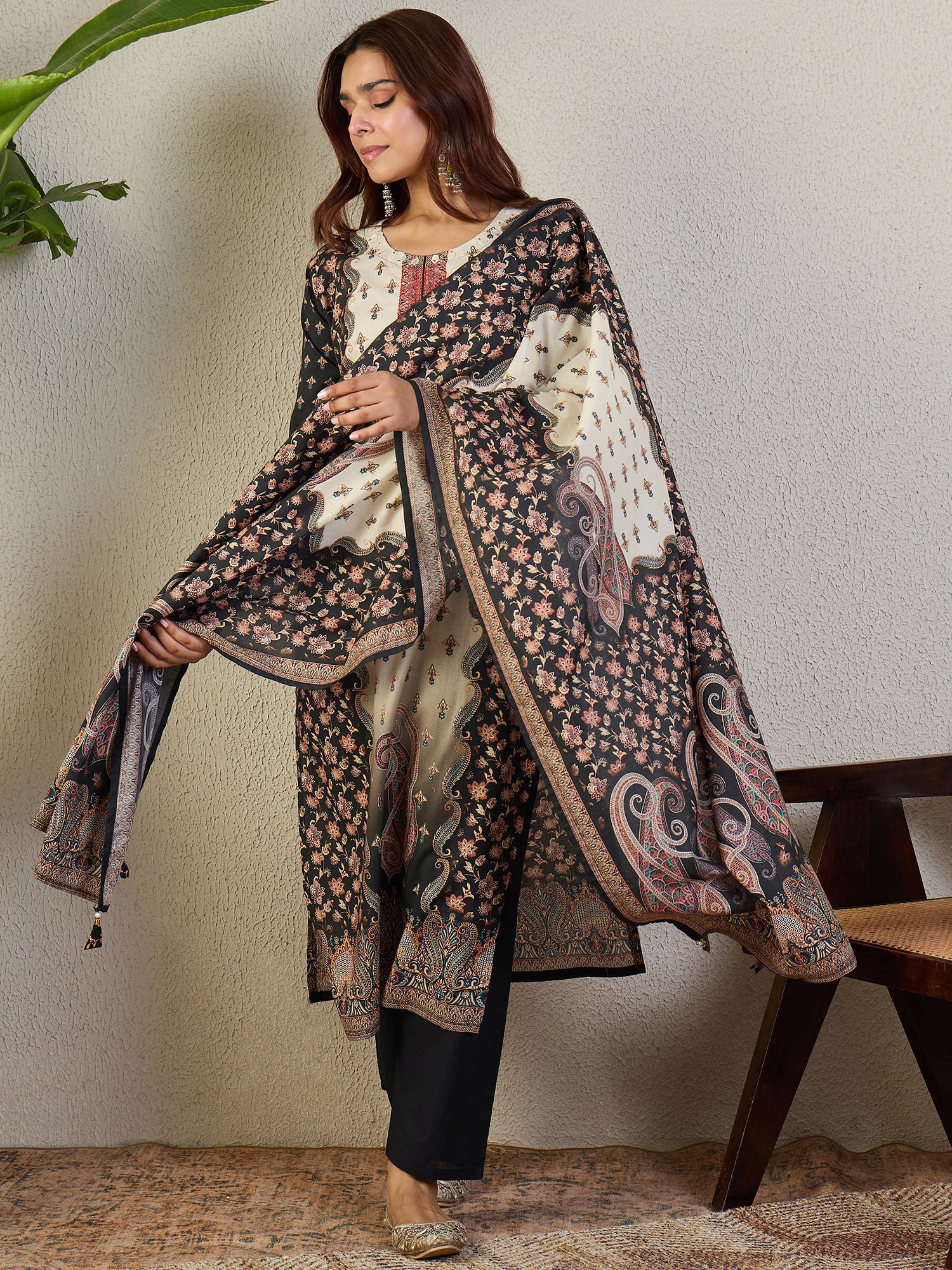 Indo Era Black Printed Straight Kurta Trousers With Dupatta set