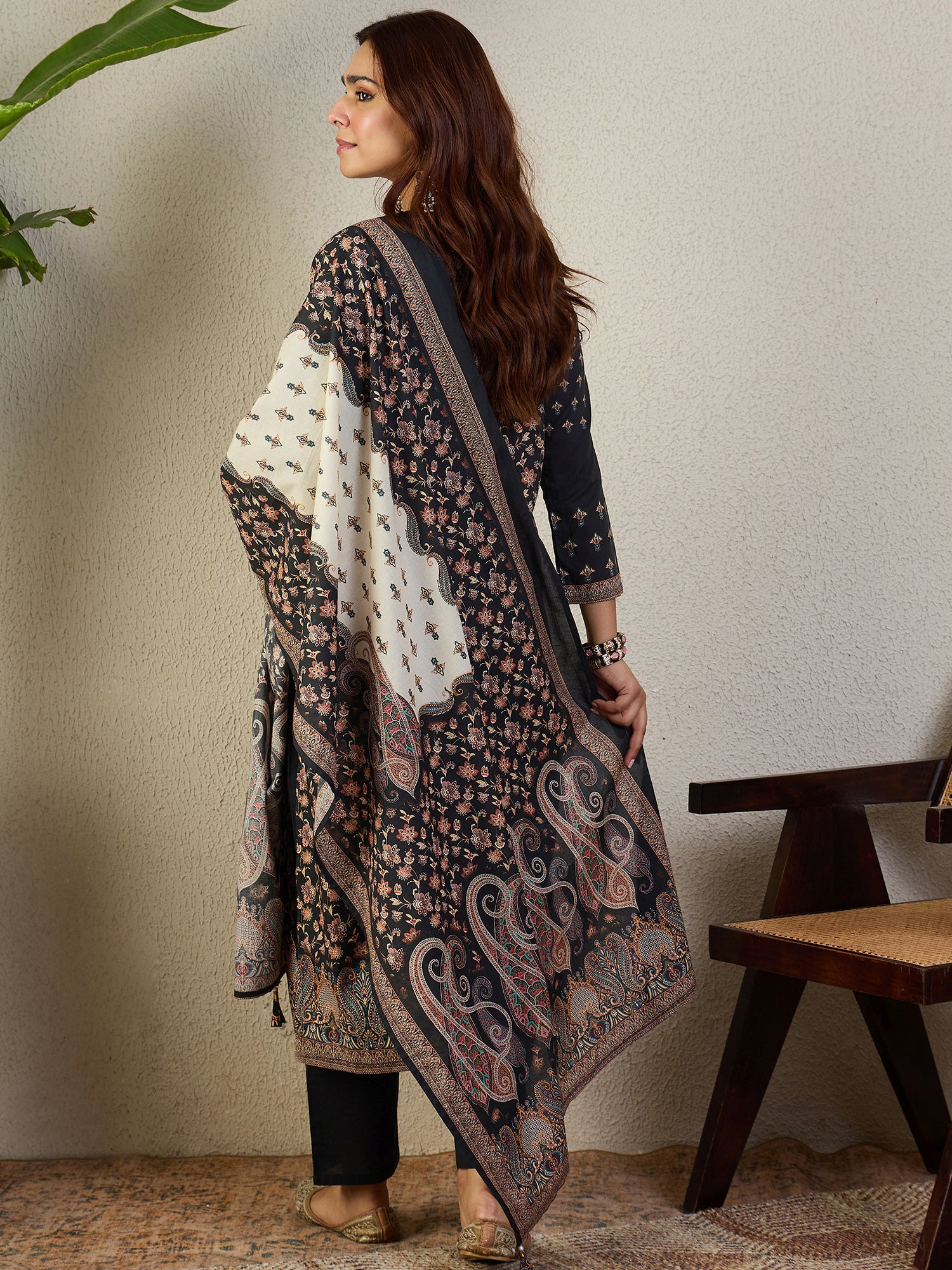 Indo Era Black Printed Straight Kurta Trousers With Dupatta set