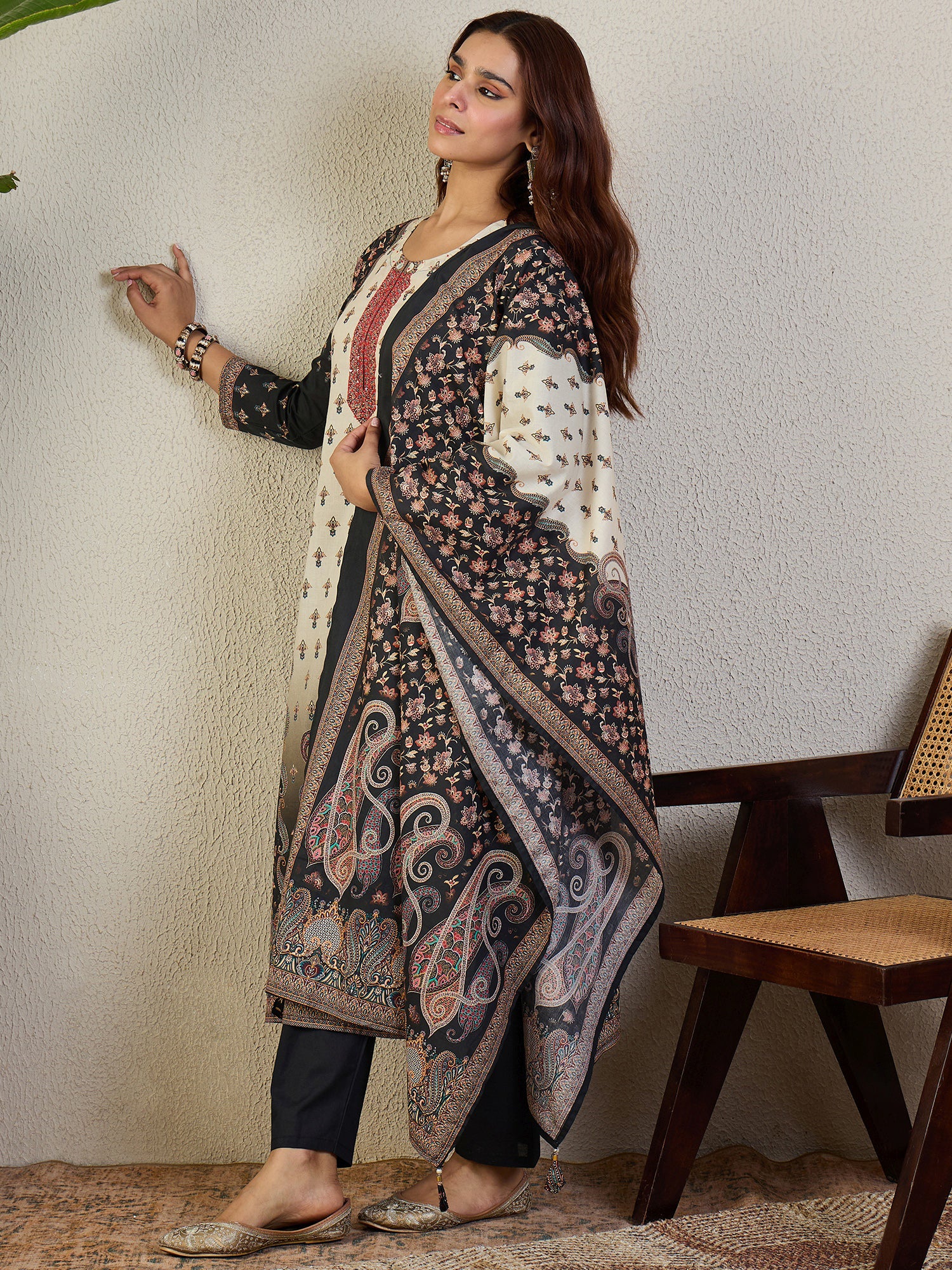 Indo Era Black Printed Straight Kurta Trousers With Dupatta set
