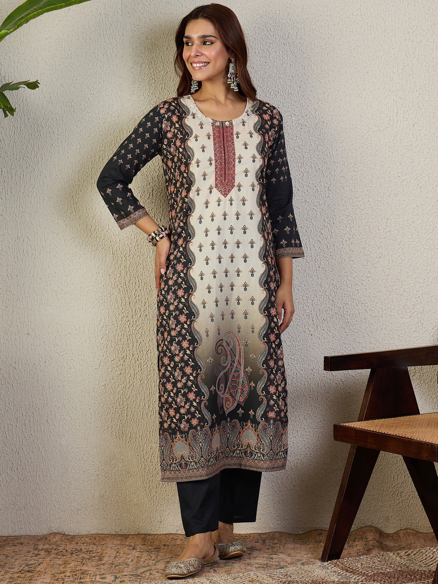 Indo Era Black Printed Straight Kurta Trousers With Dupatta set
