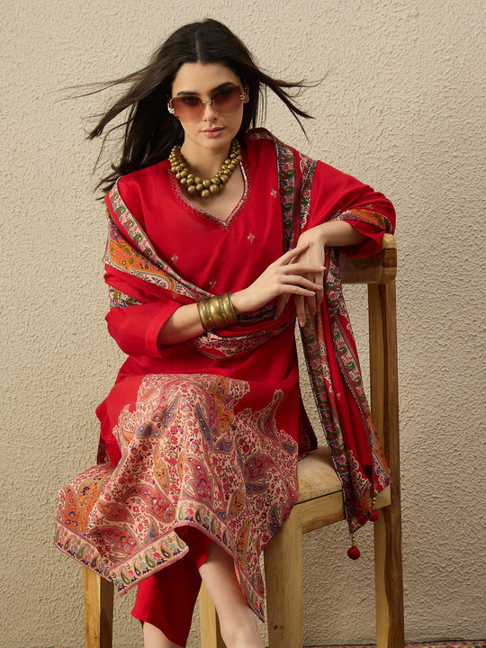 Indo Era Red Printed Straight Kurta Trouser With Dupatta set