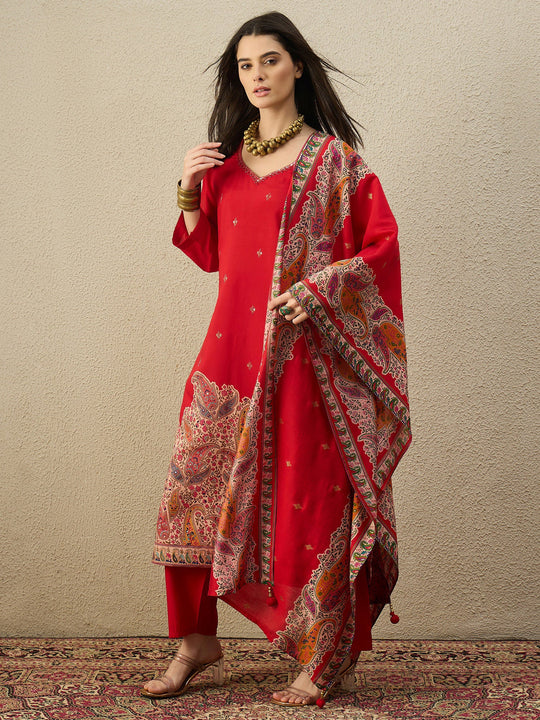 Indo Era Red Printed Straight Kurta Trouser With Dupatta set