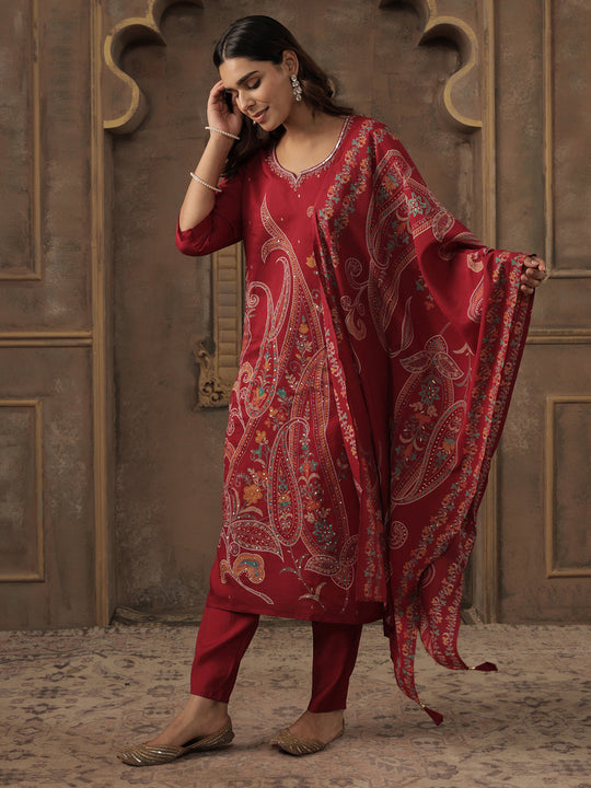 Red Printed Silk Blend Straight Kurta Sets With Dupatta