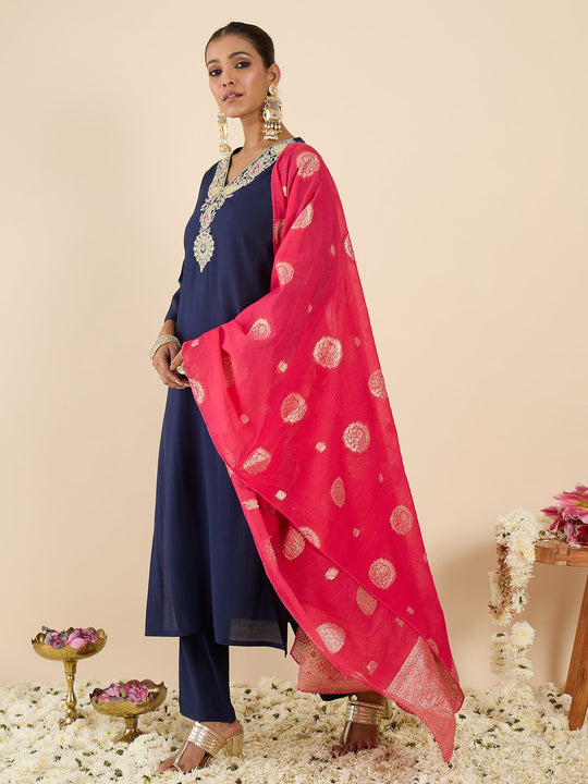 Indo Era Black Embroidered Straight Kurta Trousers With Dupatta set