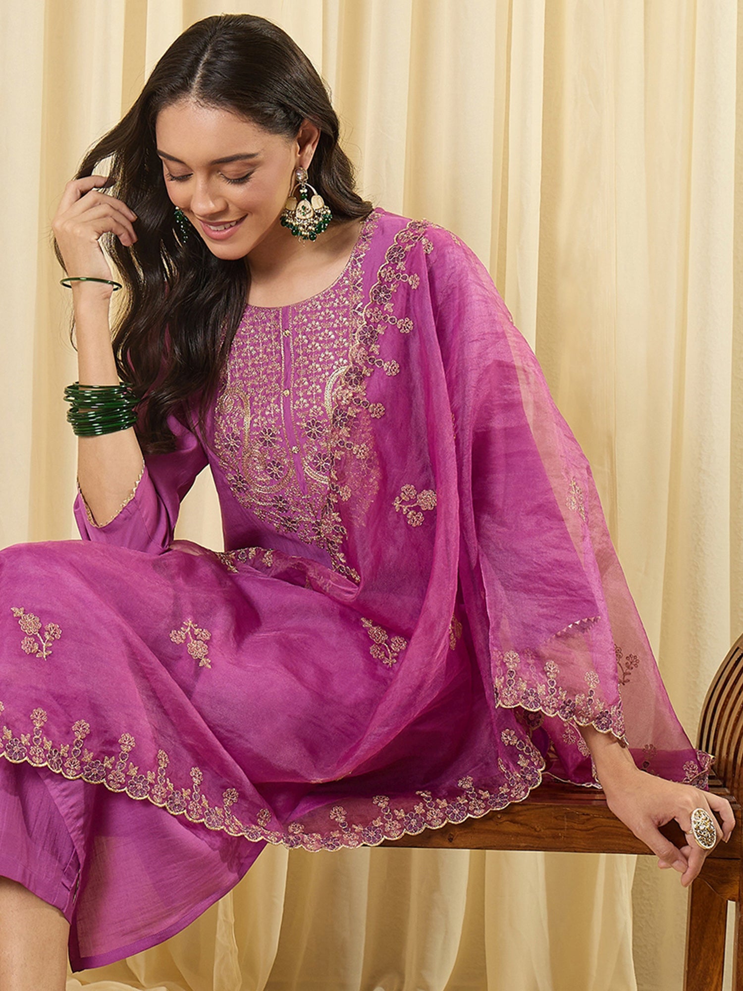 Indo Era Lavender Embroidered Straight Kurta Trousers With Dupatta set