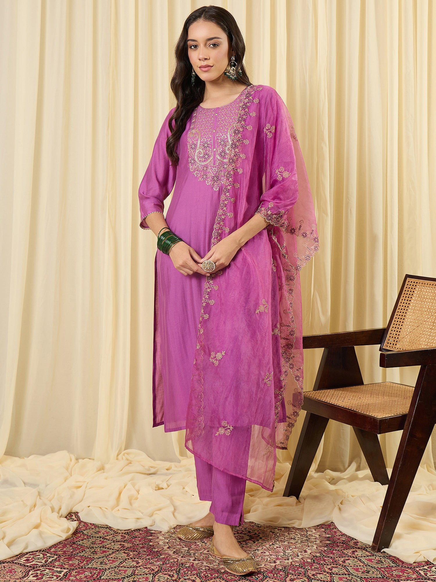 Indo Era Lavender Embroidered Straight Kurta Trousers With Dupatta set