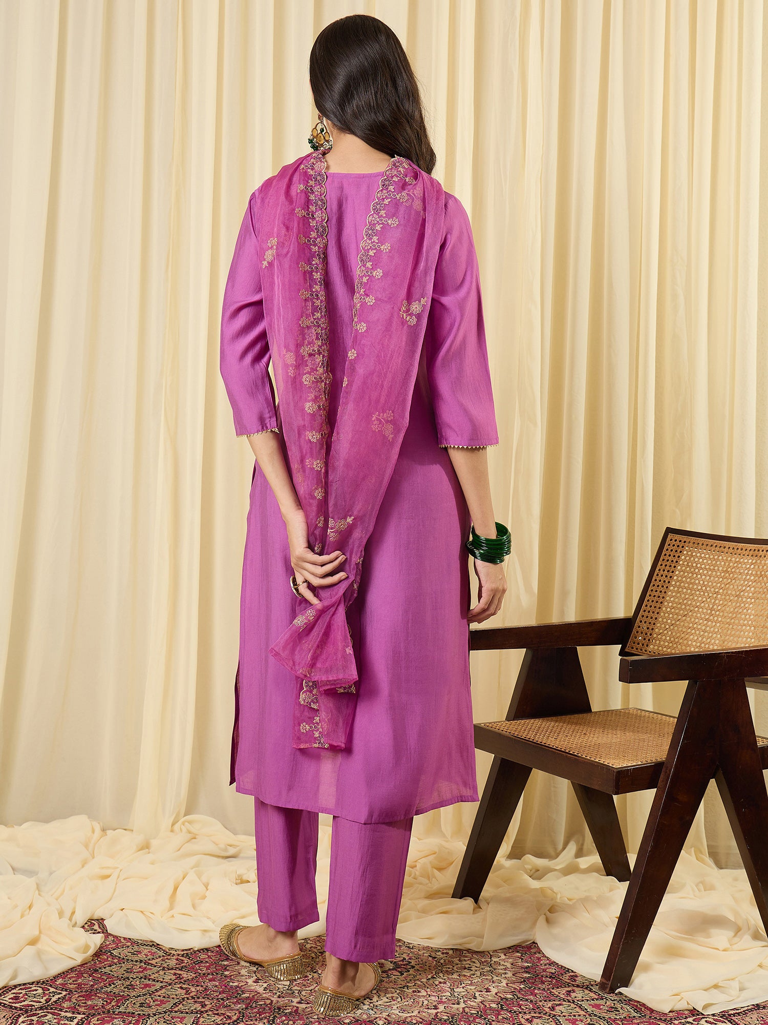 Indo Era Lavender Embroidered Straight Kurta Trousers With Dupatta set