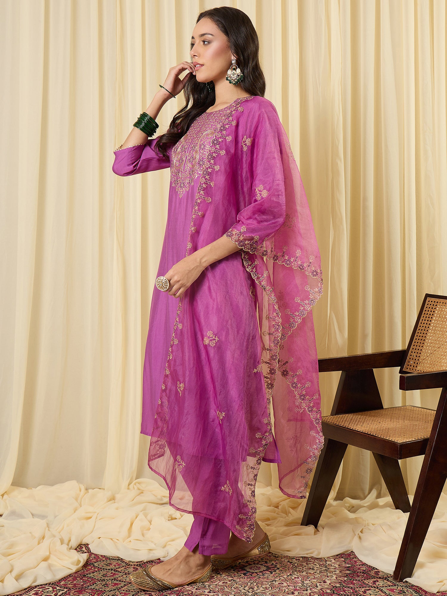 Indo Era Lavender Embroidered Straight Kurta Trousers With Dupatta set
