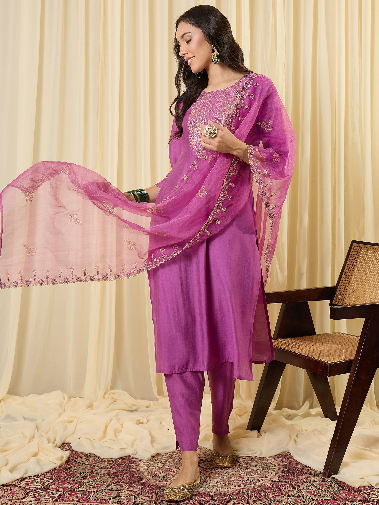 Indo Era Lavender Embroidered Straight Kurta Trousers With Dupatta set