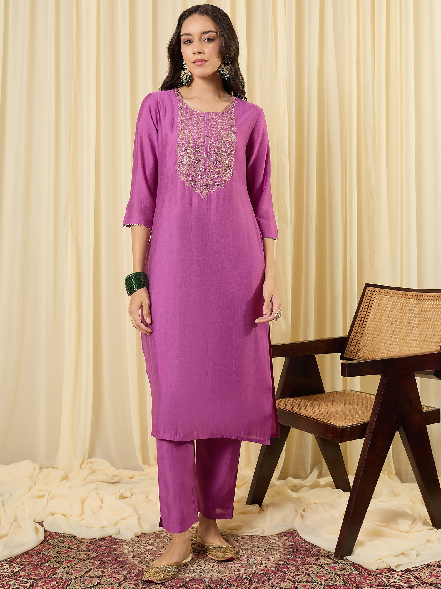 Indo Era Lavender Embroidered Straight Kurta Trousers With Dupatta set