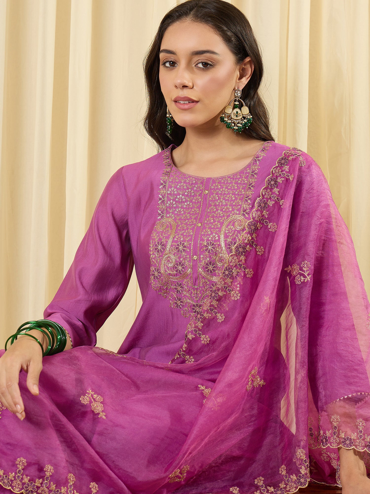 Indo Era Lavender Embroidered Straight Kurta Trousers With Dupatta set