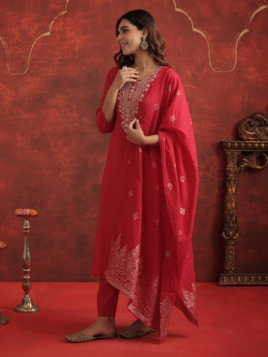 Pink Embroidered Silk Blend Straight Kurta Sets With Dupatta