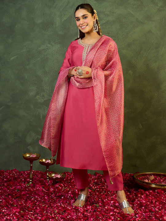 Indo Era Pink Embroidered Straight Kurta Trouser With Dupatta set