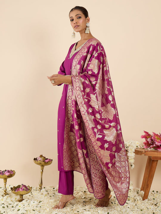 Indo Era Purple Embroidered Straight Kurta Trousers With Dupatta set