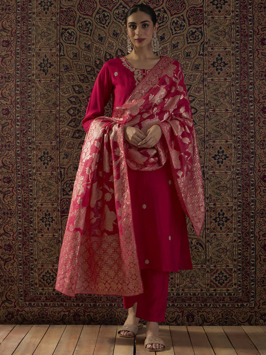 Indo Era Pink Embroidered Straight Kurta Trousers With Dupatta set