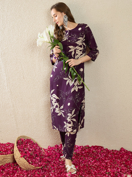 Indo Era Purple Printed Straight Kurta Trousers Set