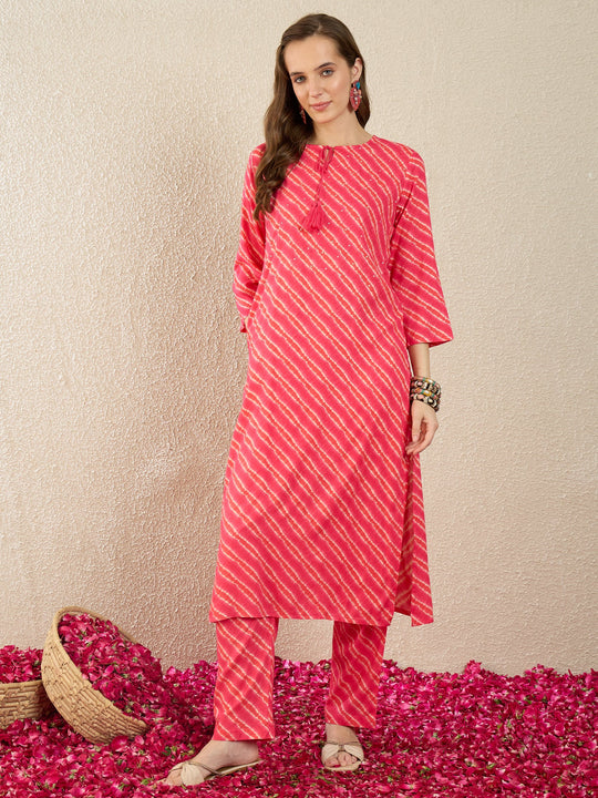 Indo Era Pink Printed Straight Kurta Trousers Set