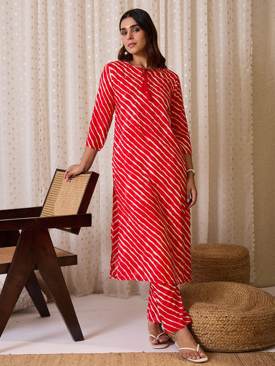 Red Printed Viscose Rayon Straight Kurta Trousers Set