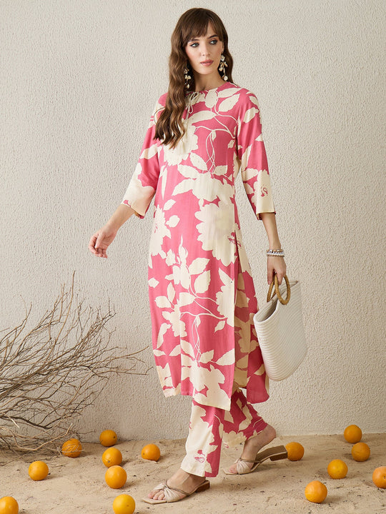 Peach Printed Viscose Rayon Straight Kurta Trousers Set