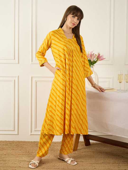 Indo Era Mustard Printed A-Line Kurta Trousers NA Set