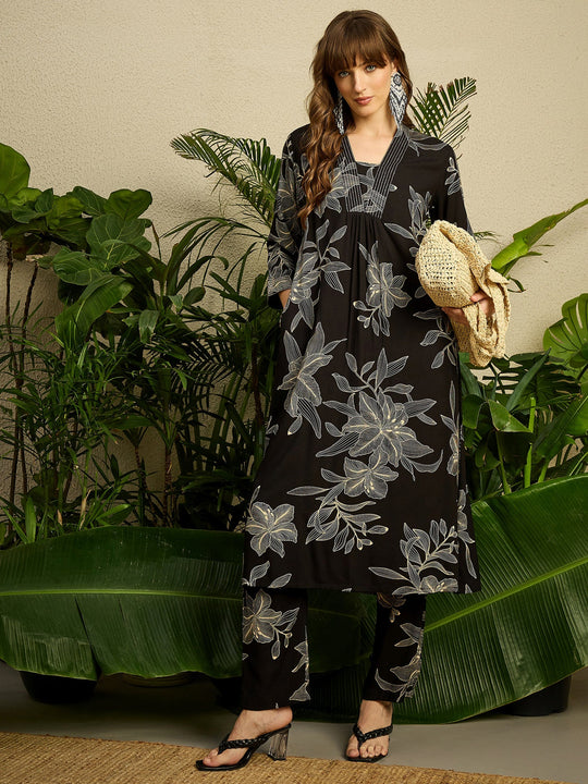 Black Printed Viscose Rayon A-Line Kurta Trousers Set