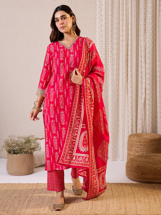 Red Printed Chanderi Silk Straight Suit Sets With Dupatta