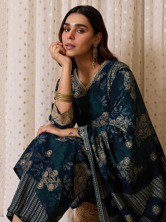Blue Printed Chanderi Silk Straight Suit Sets With Dupatta